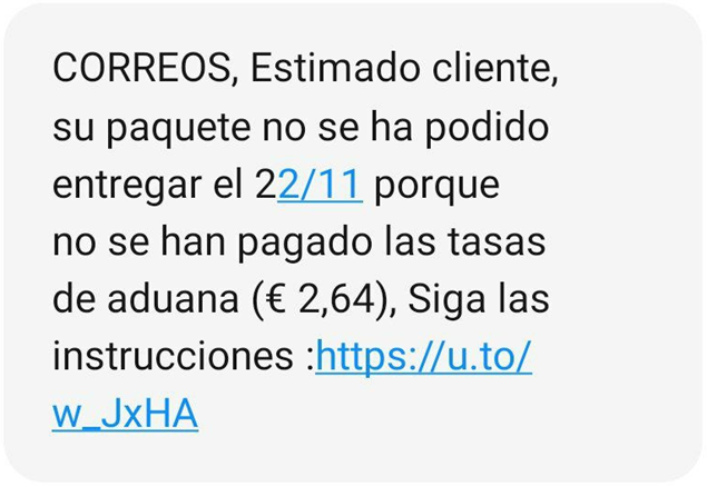 SMS que simula ser enviado por la compañía de Correos.