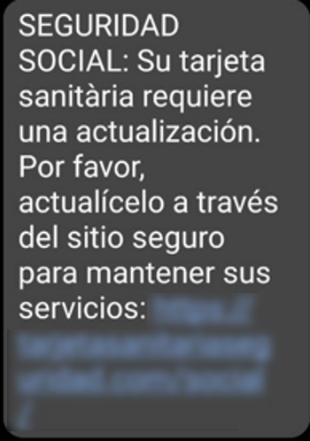 SMS de 'smishing' que suplanta a la Seguridad Social (Fuente: OSI) SMS de 'smishing' que suplanta a la Seguridad Social (Fuente: OSI)
