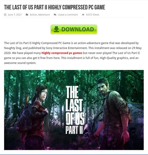 Página de phishing que ofrece la descarga de 'The Last of Us Part II', que en realidad aún no ha sido lanzada para PC (Fuente: Kaspersky)
