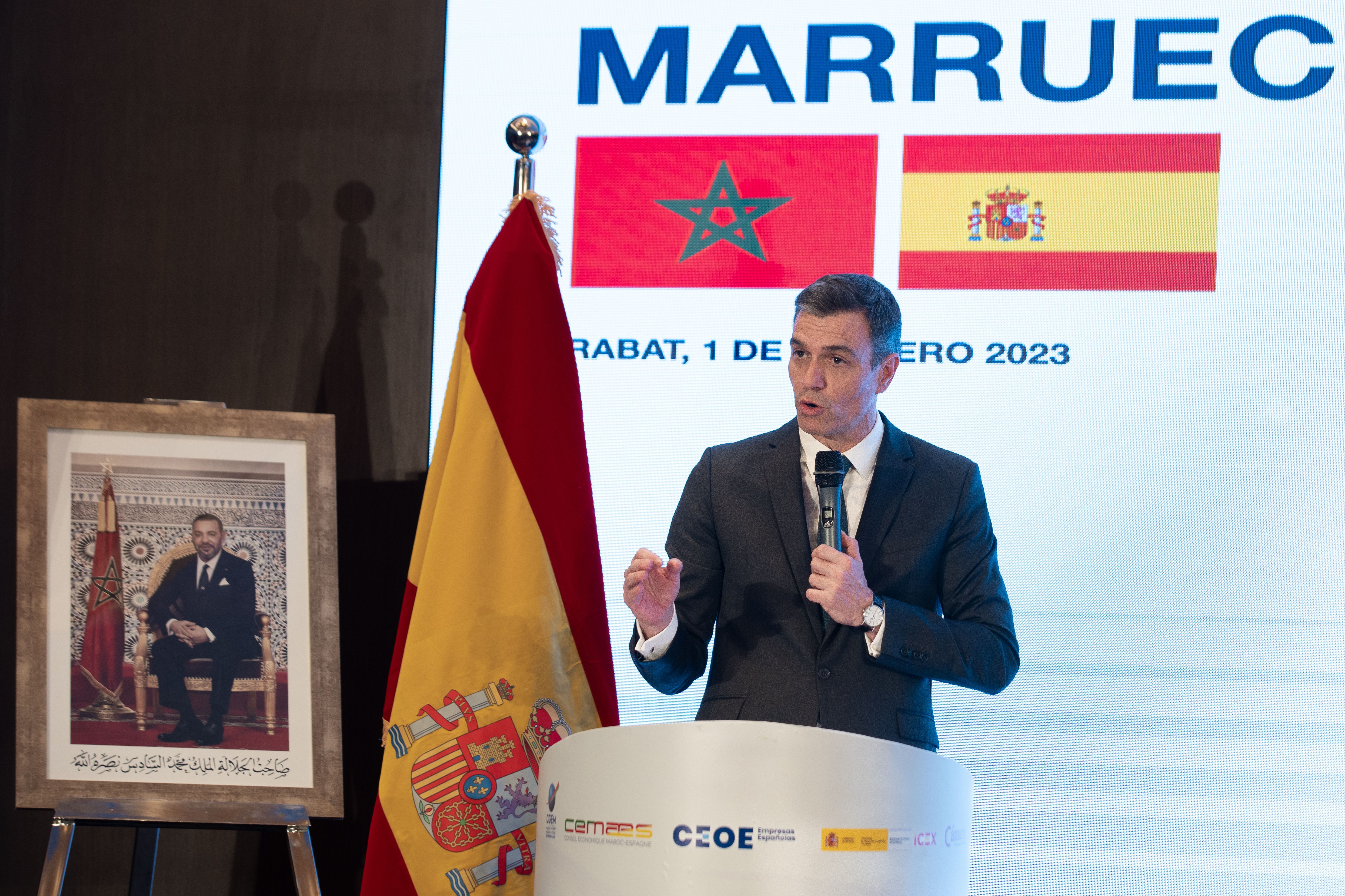 El presidente de Gobierno, Pedro Sánchez, en la XII Reunión de Alto Nivel Marruecos-España, en Rabat (Marruecos). Foto. Europa Press.