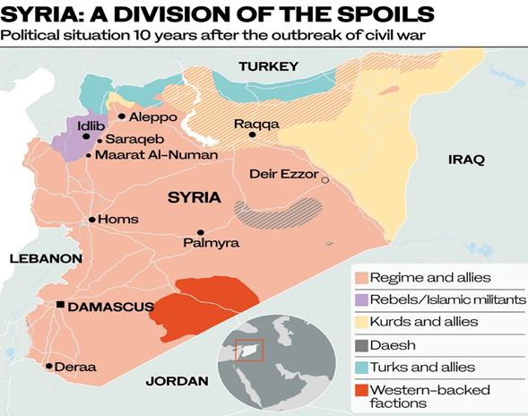 La complicada situación política en Siria de manera aproximada en 2022. Fuente Arab News La complicada situación política en Siria de manera aproximada en 2022. Fuente Arab News