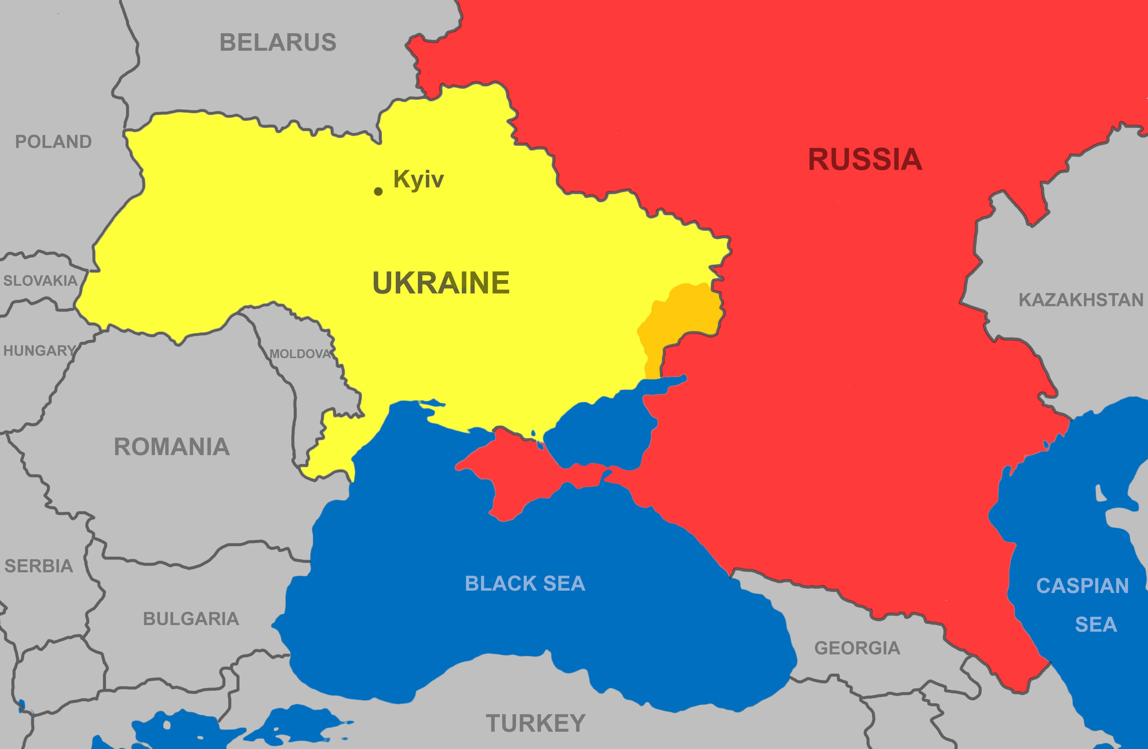 Rusia y Ucrania en el mapa de Europa.