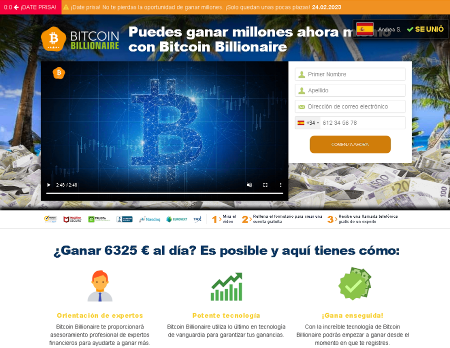 Página web fraudulenta de inversiones en criptomonedas (Fuente: OSI)