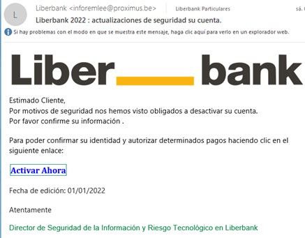 Ejemplo de phishing bancario, una de las estafas mas frecuentes.