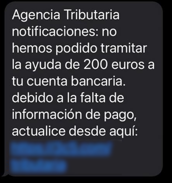 El SMS de la campaña de smishing que suplanta a la Agencia Tributaria (Fuente: OSI)