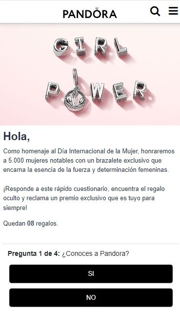 Supuesto sorteo de Pandora con motivo del Día Internacional de la Mujer