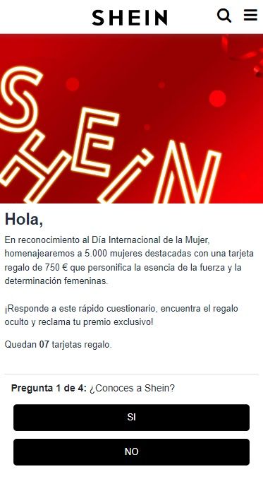 Supuesto sorteo de Shein con motivo del Día Internacional de la Mujer (Fuente: Maldita.es)