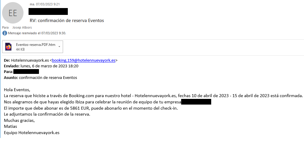 Correo electrónico la campaña de phishing que suplanta a Booking (Fuente ESET) Correo electrónico la campaña de phishing que suplanta a Booking (Fuente ESET)