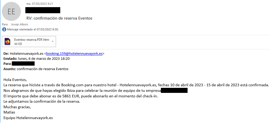 Correo electrónico la campaña de phishing que suplanta a Booking (Fuente ESET)