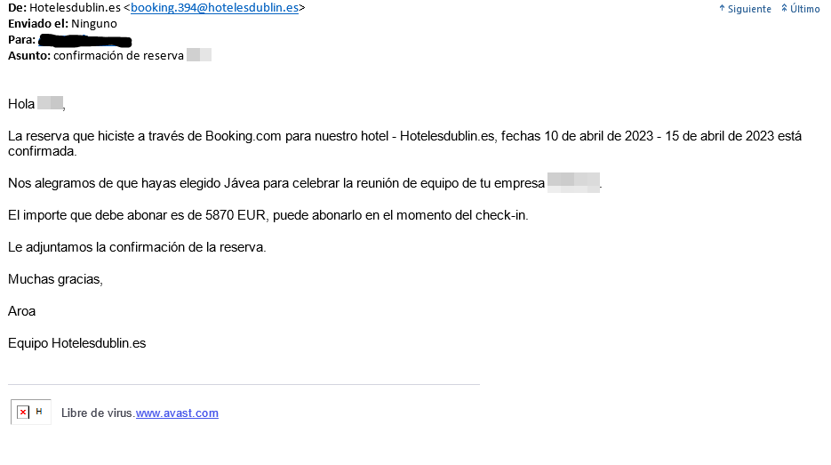 Correo electrónico la campaña de phishing que suplanta a Booking (Fuente INCIBE) Correo electrónico la campaña de phishing que suplanta a Booking (Fuente INCIBE)