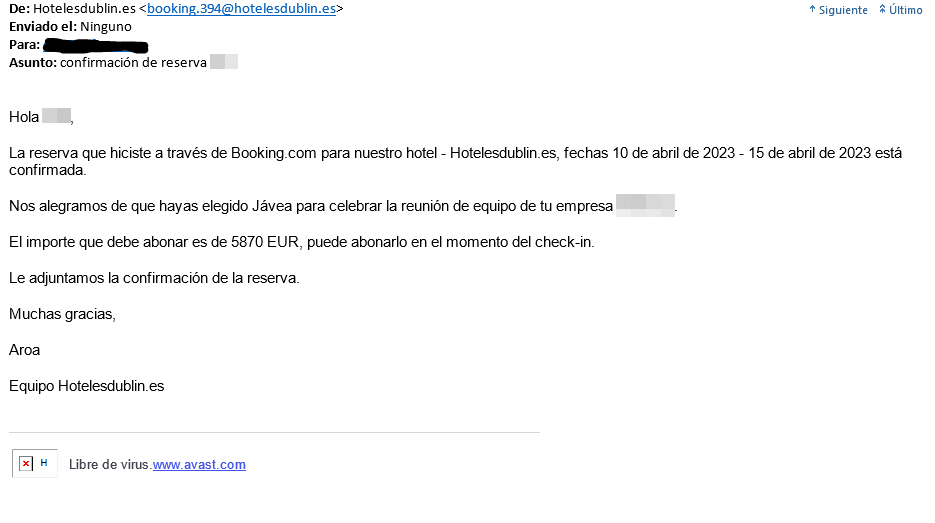 Correo electrónico la campaña de phishing que suplanta a Booking (Fuente INCIBE)