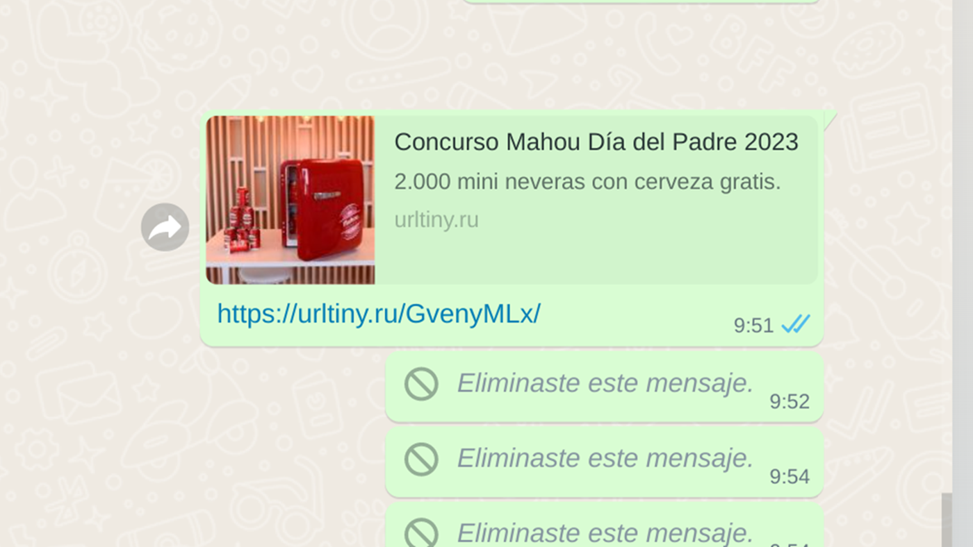 Mensaje de phishing en WhatsApp que informa de un falso sorteo de Mahou con motivo del Día del Padre.
