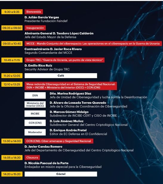 Programa de la "Jornada de Ciberdefensa y Ciberseguridad en los conflictos actuales", organizada por la Fundación FEINDEF