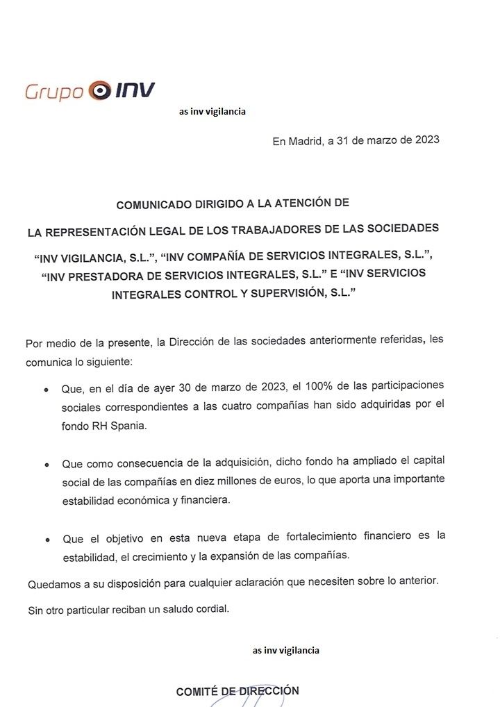 Comunicado del Grupo INV en el que anuncia su acuerdo con el fondo HR Spania