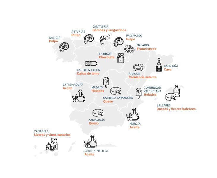 Mapa de España con los productos que más destacan por su incidencia de hurto (Fuente: STC)