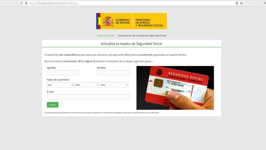 Página web maliciosa de la campaña de 'smishing' que suplanta a la Seguridad Social (Fuente: OSI)