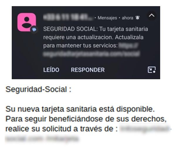 Mensajes SMS de la campaña de smishing que suplanta a la Seguridad Social (Fuente OSI)