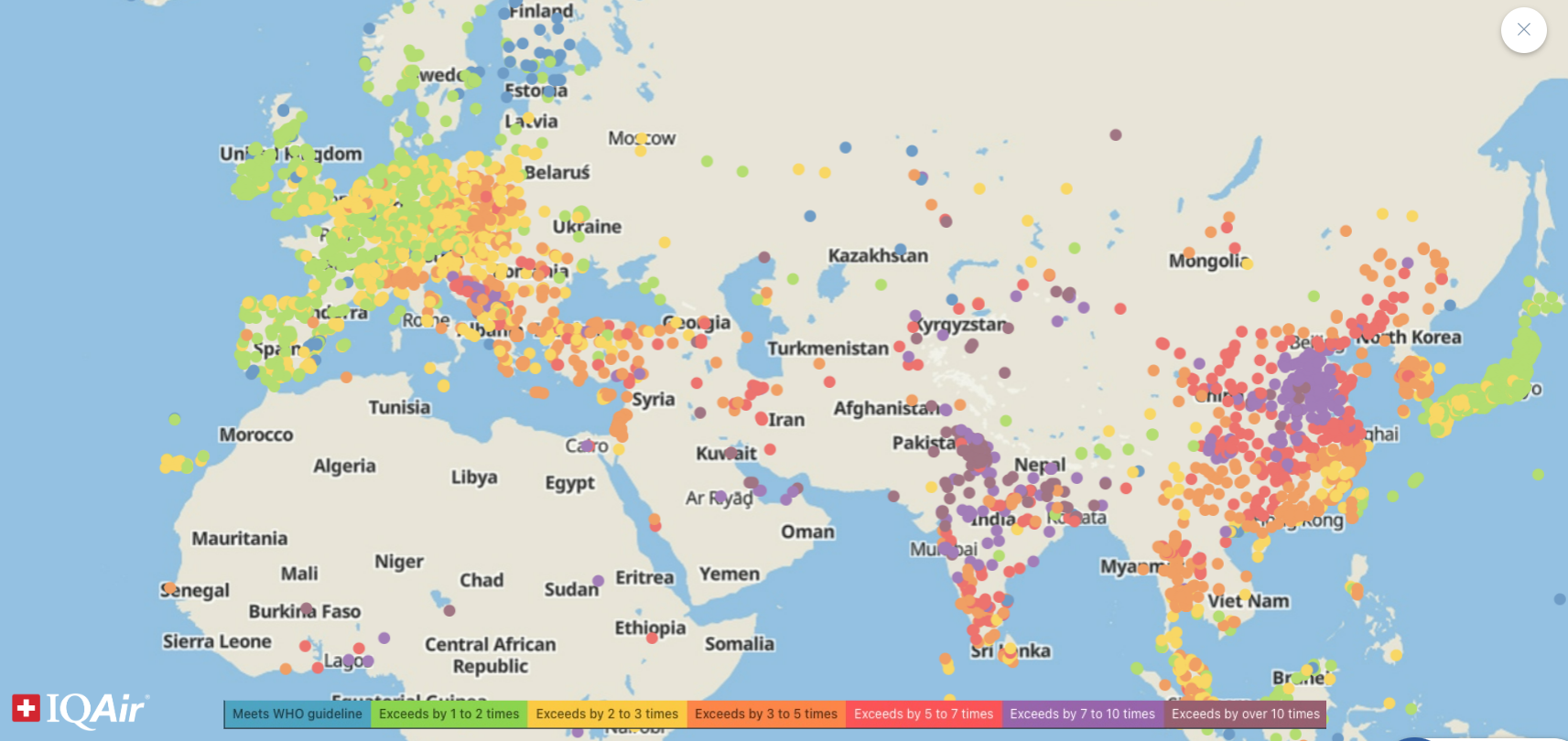 Mapa contaminación mundial. Elaborado por IQAir