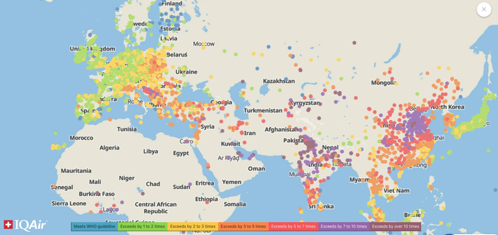 Mapa contaminación mundial. Elaborado por IQAir Mapa contaminación mundial. Elaborado por IQAir