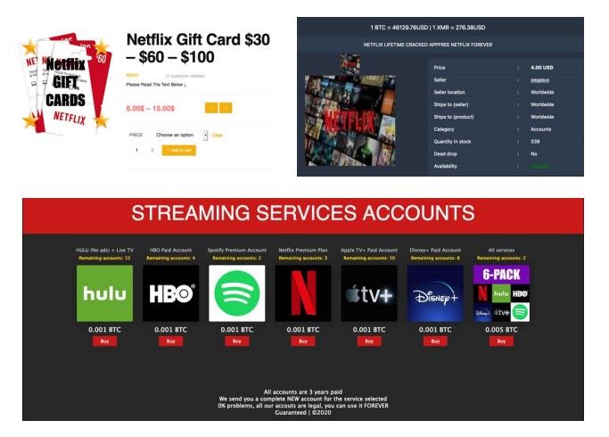 Oferta de servicios de streaming en la Dark Web.