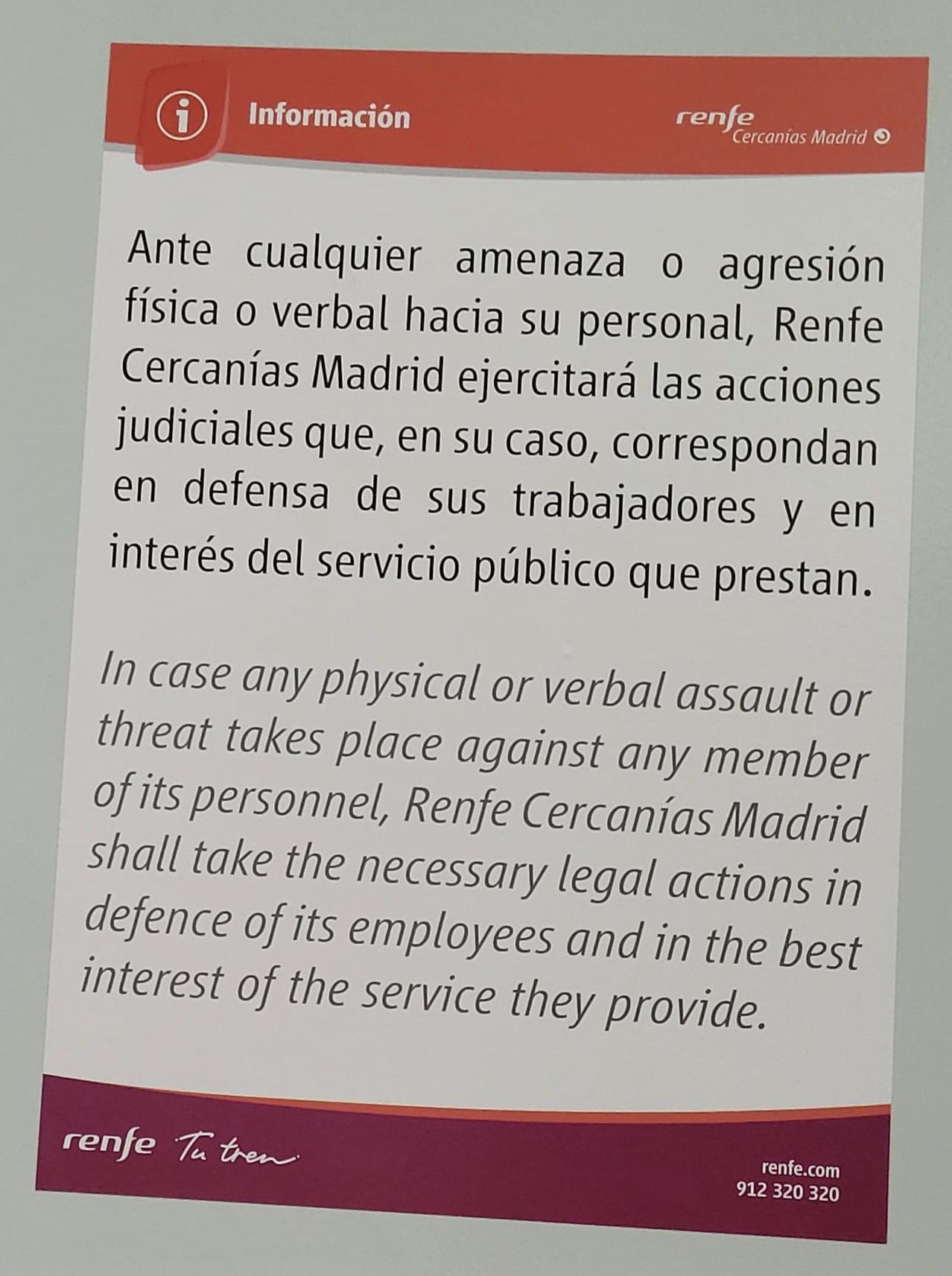 Cártel informativo de Renfe en el servicio de Cernacías de Madrid (Fuente Alternativa Sindical)