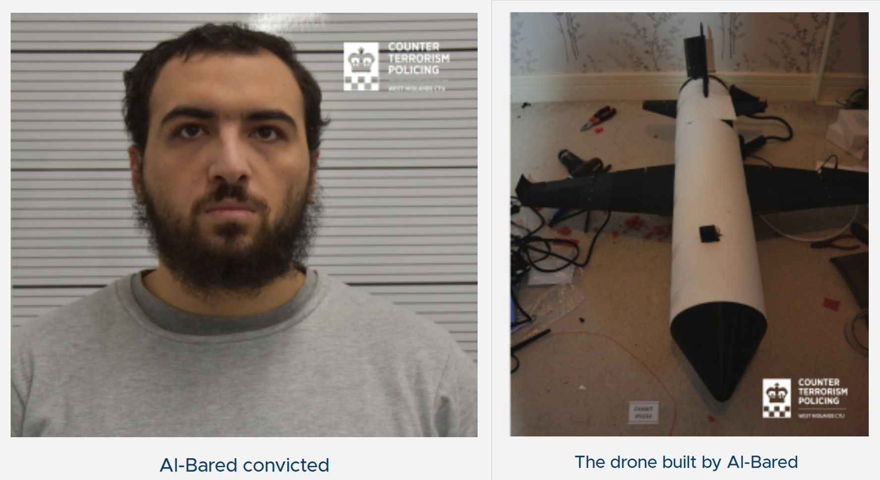 Imágenes de Mohamad Al Bared, el estudiante de doctorado británico que ha sido declarado culpable de terrorismo por fabricar un dron armado para el Estado Islámico, y del dron en cuestión (Foto 'Counter Terrorism Policing')