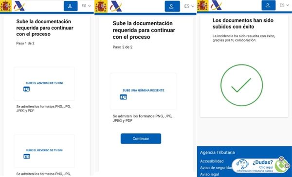 Capturas de una web maliciosa que suplanta la página legítima de la Agencia Tributaria como parte de una campaña de 'smishing' (Fuente INCIBE)