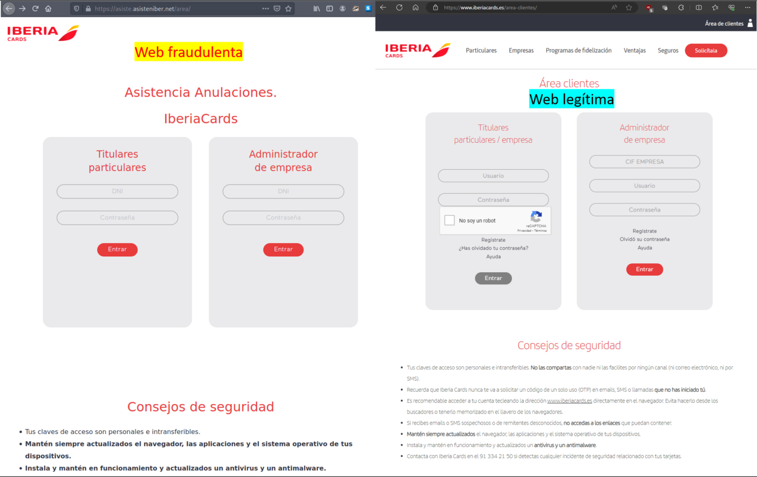 Capturas de las páginas web fraudulenta y legítima de Iberia Cards (Fuente ESET)
