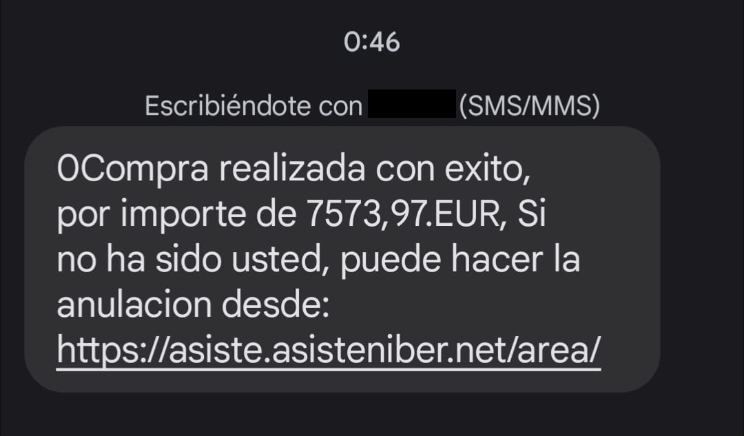 SMS de la campaña de smishing que suplanta a Iberia (Fuente ESET)