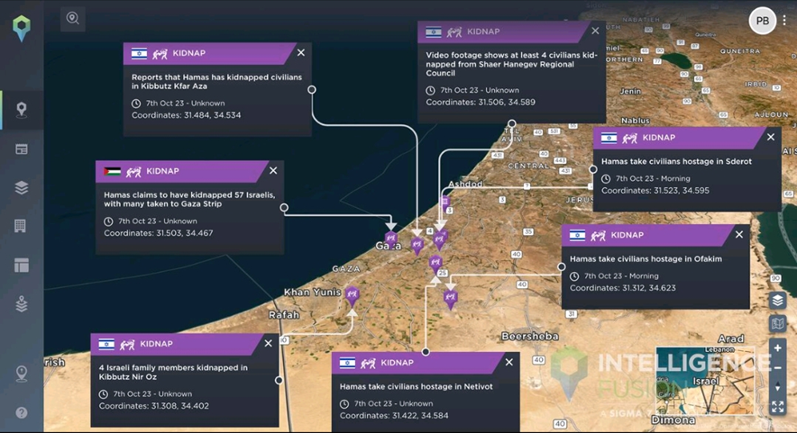 Secuestros o toma de rehenes en Israel durante el sabado 8 de octubre. Fuente Fusion Intelligence Secuestros o toma de rehenes en Israel durante el sabado 8 de octubre. Fuente Fusion Intelligence