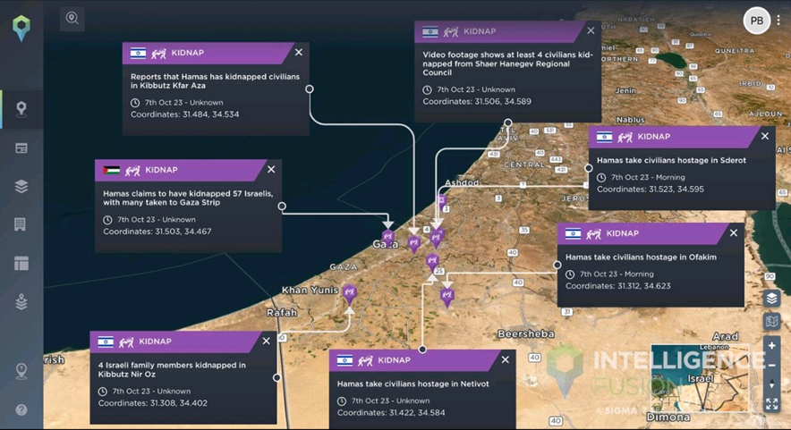 Secuestros o toma de rehenes en Israel durante el sabado 8 de octubre. Fuente Fusion Intelligence