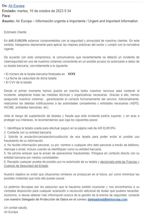 Correo electrónico enviado por Air Europa a los clientes afectados por el ciberataque que ha sufrido