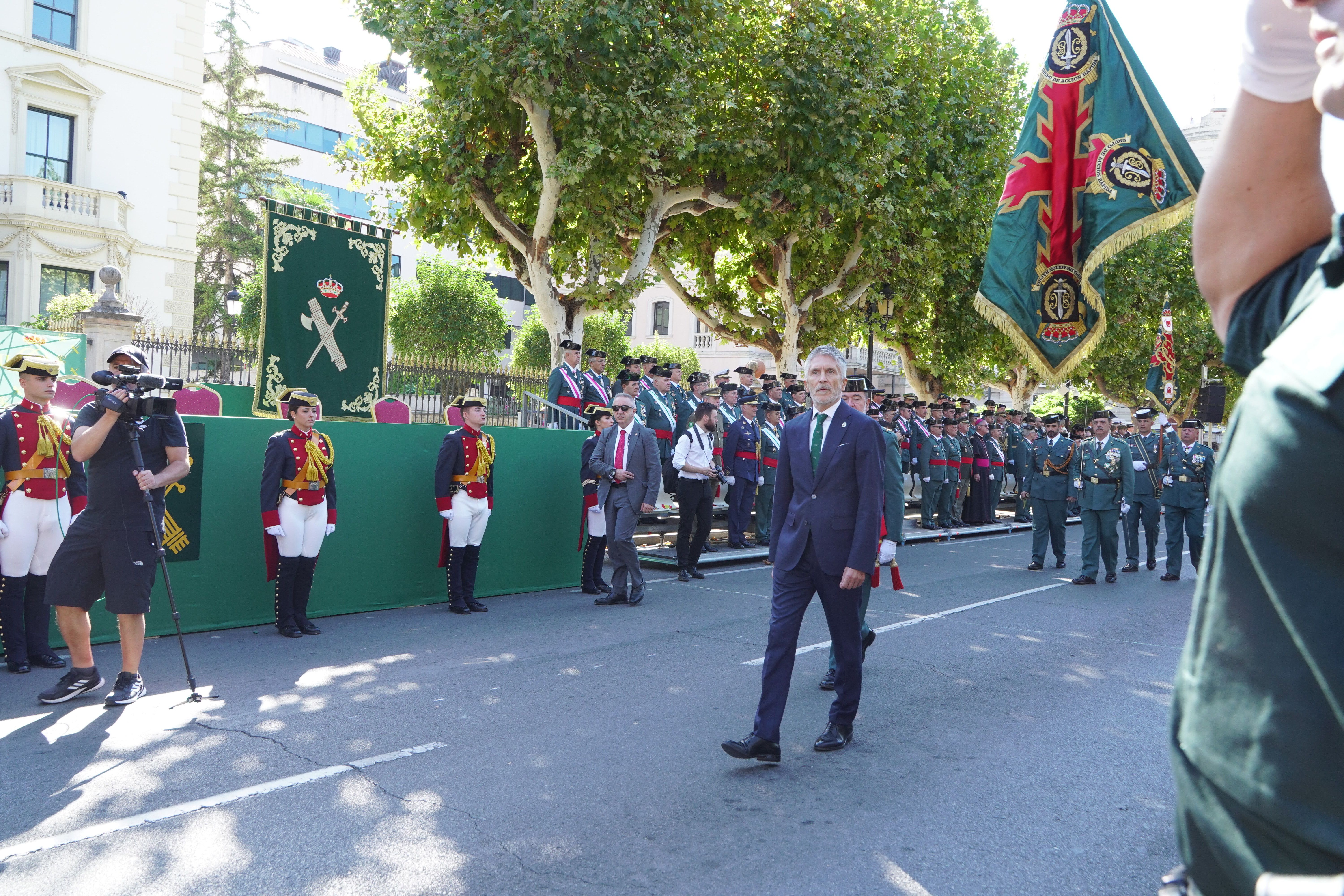El ministro del Interior en funciones, Fernando Grande-Marlaska, durante el acto central de las celebraciones de la Virgen del Pilar, patrona de la Guardia Civil, el 8 de octubre de 2023 en Logroño (Foto Alberto Ruiz / Europa Press)