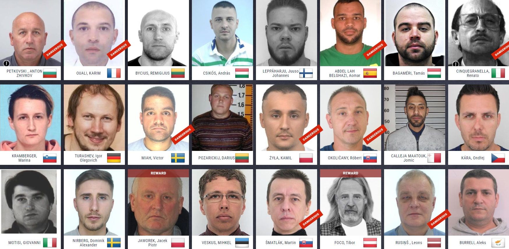 Fugitivos incluidos en la lista de ENFAST y Europol de los más buscados de la UE en noviembre de 2023