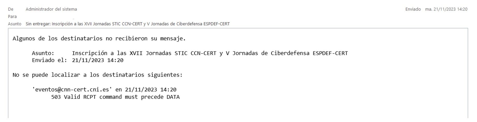 Correo informativo de que mi e mail no se había podido entregar al CNN CERT