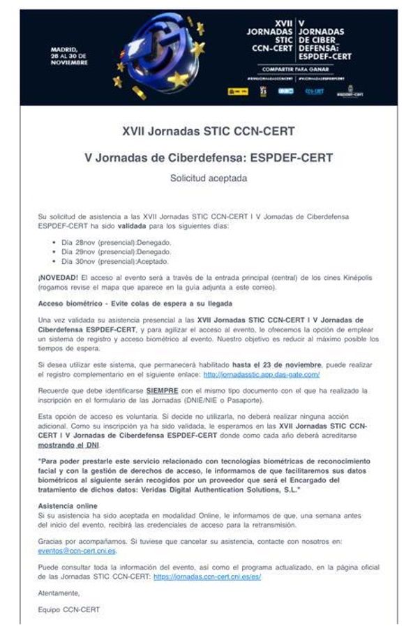 Correo electrónico de confirmación de solicitud al proceso de inscripción a las XVII Jornadas STIC CCN CERT y V Jornadas de Ciberdefensa ESPDEF CERT