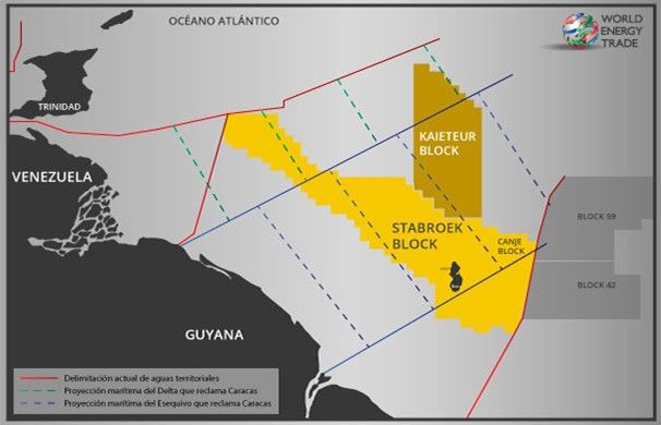 Proyectos petrolíferos actuales y reclamaciones territoriales de Venezuela en aguas territoriales de Guyana y Esequibo. Fuente World Trade Energy