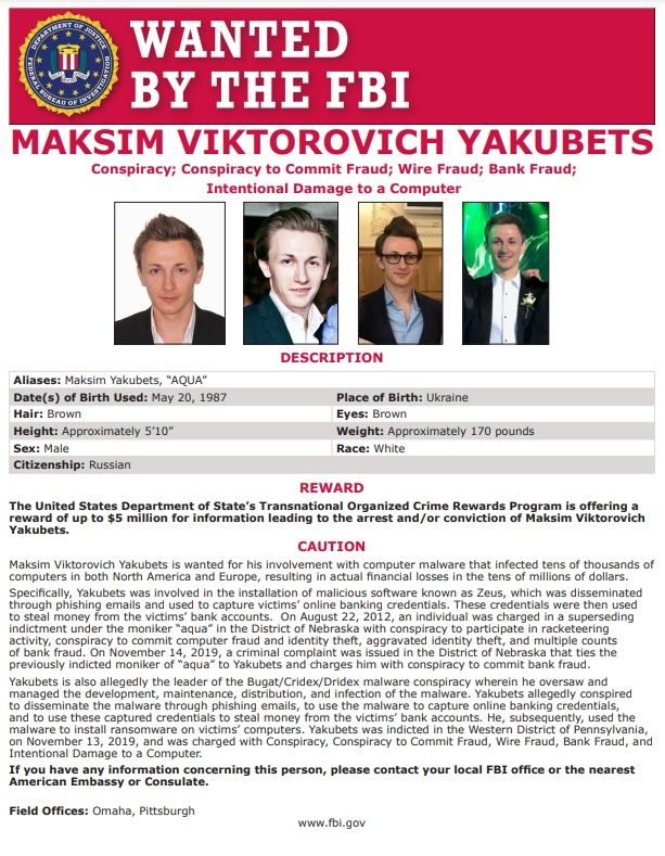 Ficha de Maksim Viktorovich Yakubets del FBI