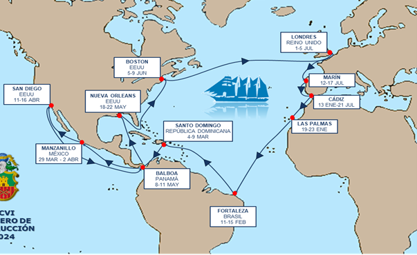 Recorrido del 96 crucero de instrucción de Juan Sebastián Elcano. Fuente Armada Española