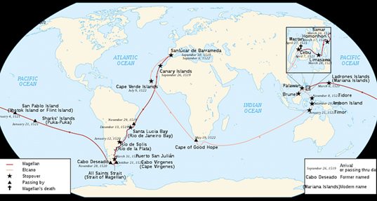 Mapa primera vuelta al mundo Magallanes Elcano. Fuente: Wikipedia.