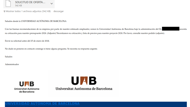 E mail de la campaña maliciosa que se difunde desde un correo real asociado a la Universidad Autónoma de Barcelona (Fuente ESET)