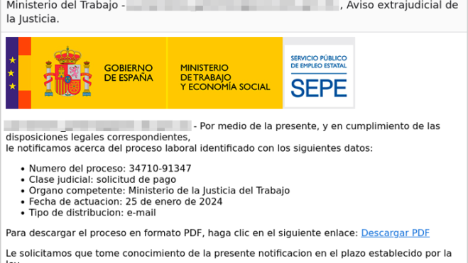 Correo electrónico de phishing que suplanta al SEPE (Fuente: INCIBE) Correo electrónico de phishing que suplanta al SEPE (Fuente: INCIBE)