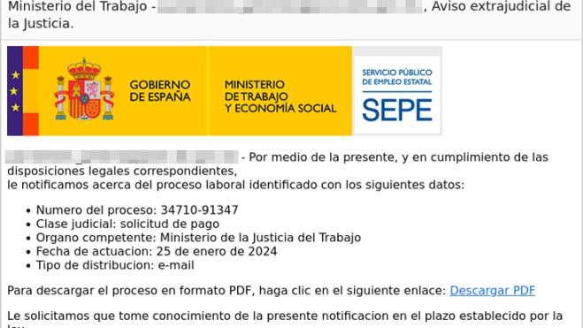 Correo electrónico de phishing que suplanta al SEPE (Fuente: INCIBE)