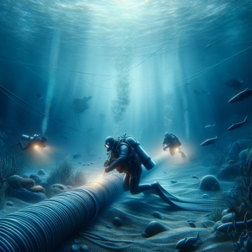 Recreación realizada por IA de buzos sobre cables submarinos.