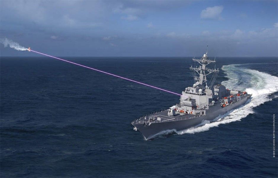 Ficción fotográfica del sistema Laser Helios de Lockheed Martin, sistema Láser que se está desarrollando en EE.UU. Fuente: Lockheed Martin.