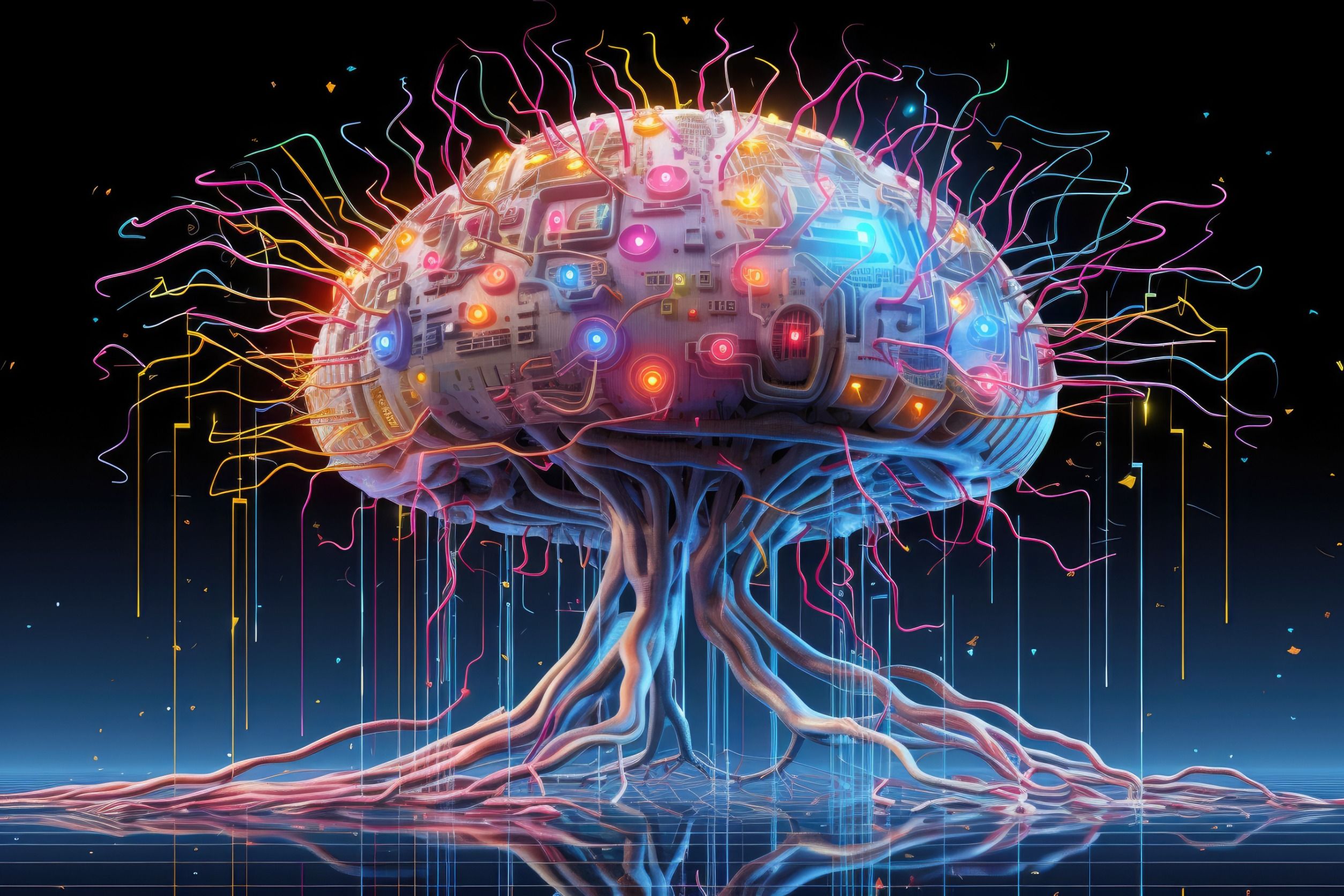 Representación de un cerebro humano digital con luces generadas por ai.