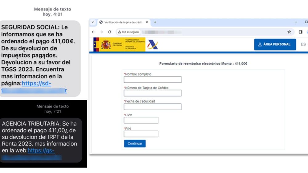 SMS y página web de la campaña maliciosa que suplanta a la Agencia Tributaria (Fuente: INCIBE)