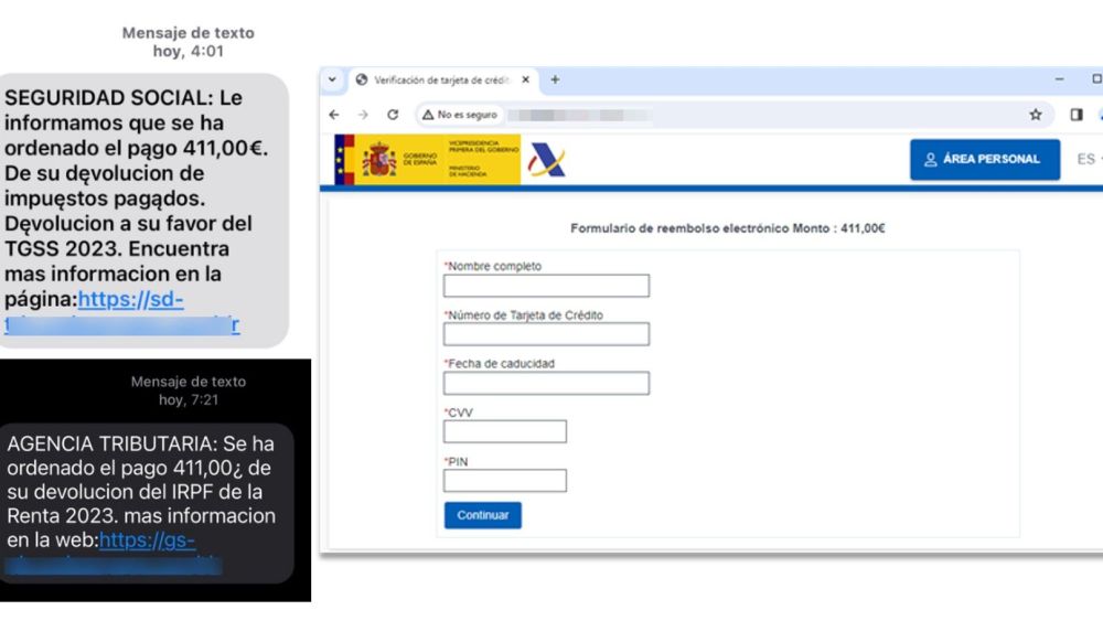 SMS y página web de la campaña maliciosa que suplanta a la Agencia Tributaria (Fuente: INCIBE) SMS y página web de la campaña maliciosa que suplanta a la Agencia Tributaria (Fuente: INCIBE)
