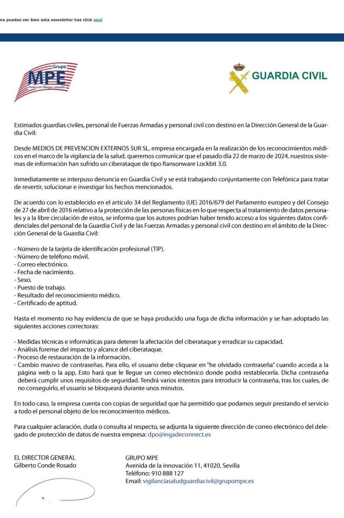 Imagen del correo enviado por Grupo MPE de Prevención de Riesgos Laborales.