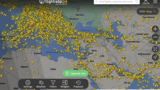 Captura pantalla vuelos desviados de Irán a las 07.00 hora española. Fuente: Flight Radar24.